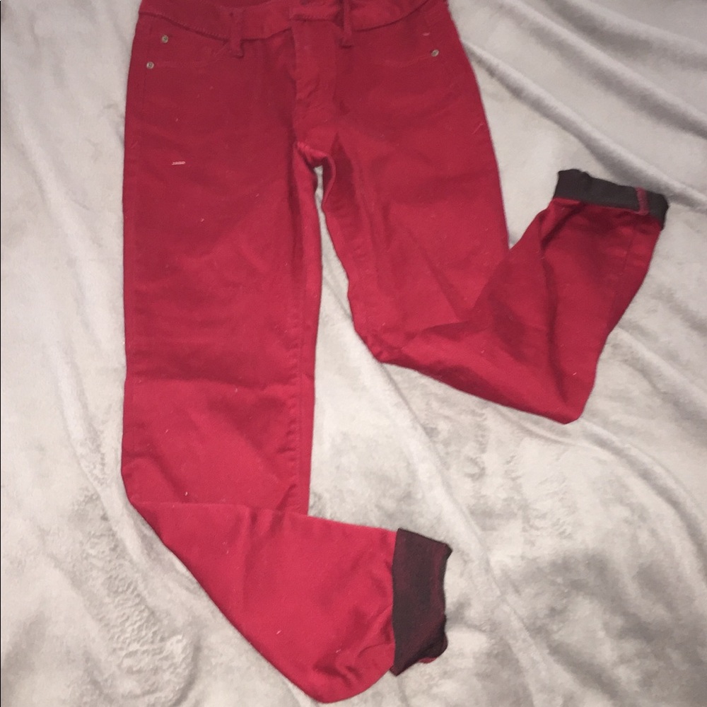 Silk red jeans.